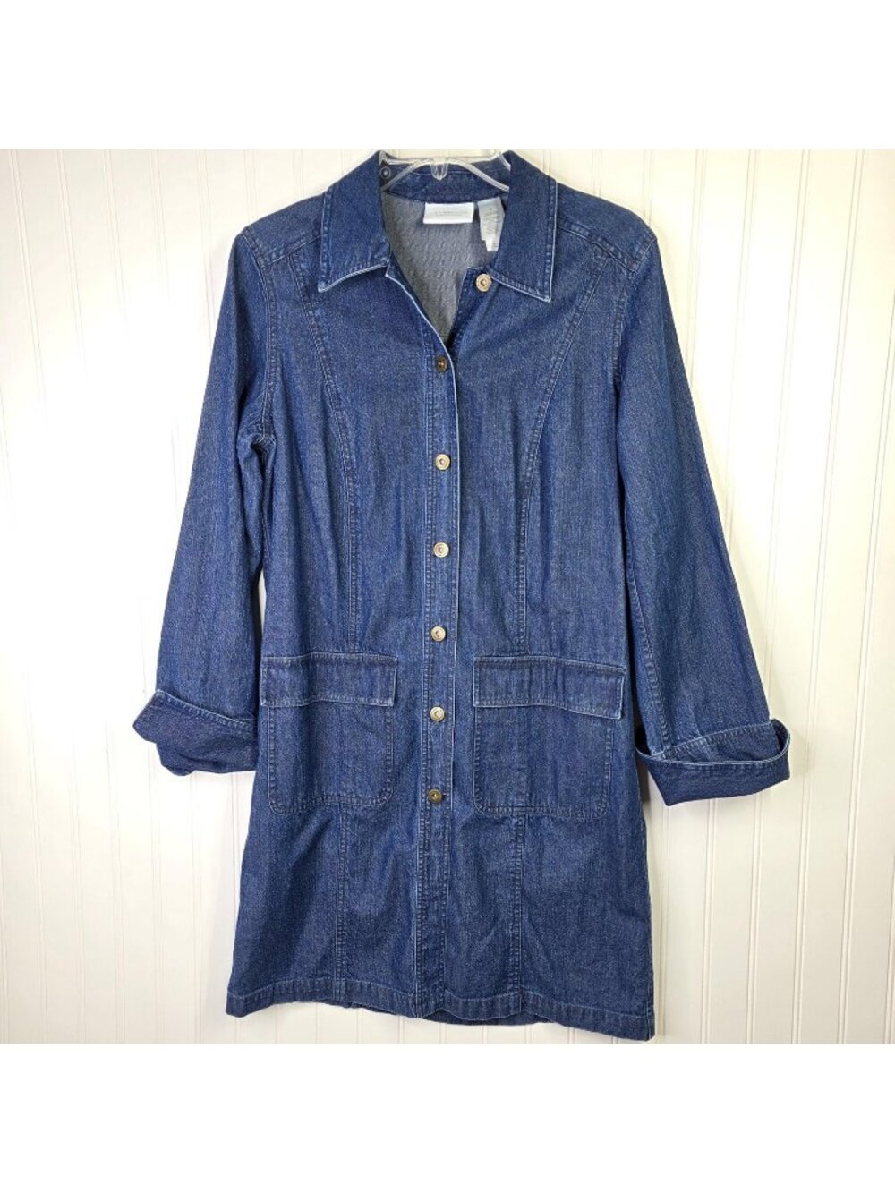 Liz Claiborne Denim Shirt Dress Womens M Blue Button Casual Office Y2K Duster